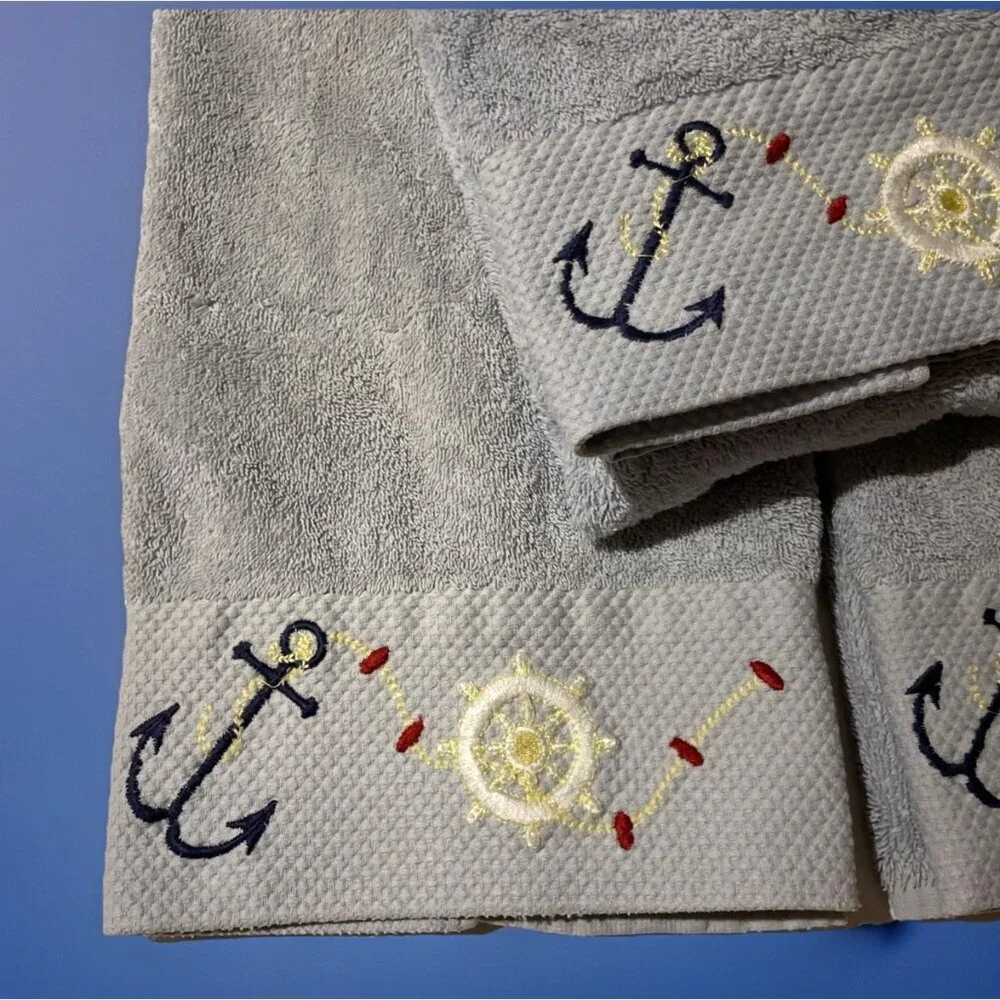 VTG Akova Nautical Hand Towels Blue 100% Cotton Embroidered Anchor Set Of 3